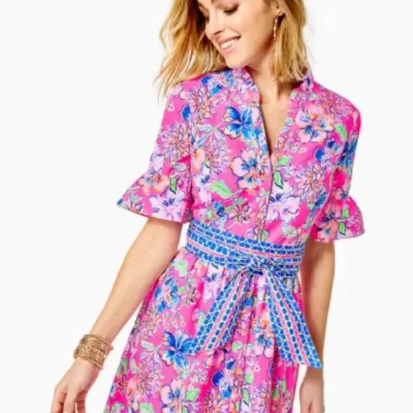 NWT LILLY PULITZER MARILISA STRETCH SHIRTDRESS PINK ISLE LAST BUD NOT LEAST - Picture 4 of 10